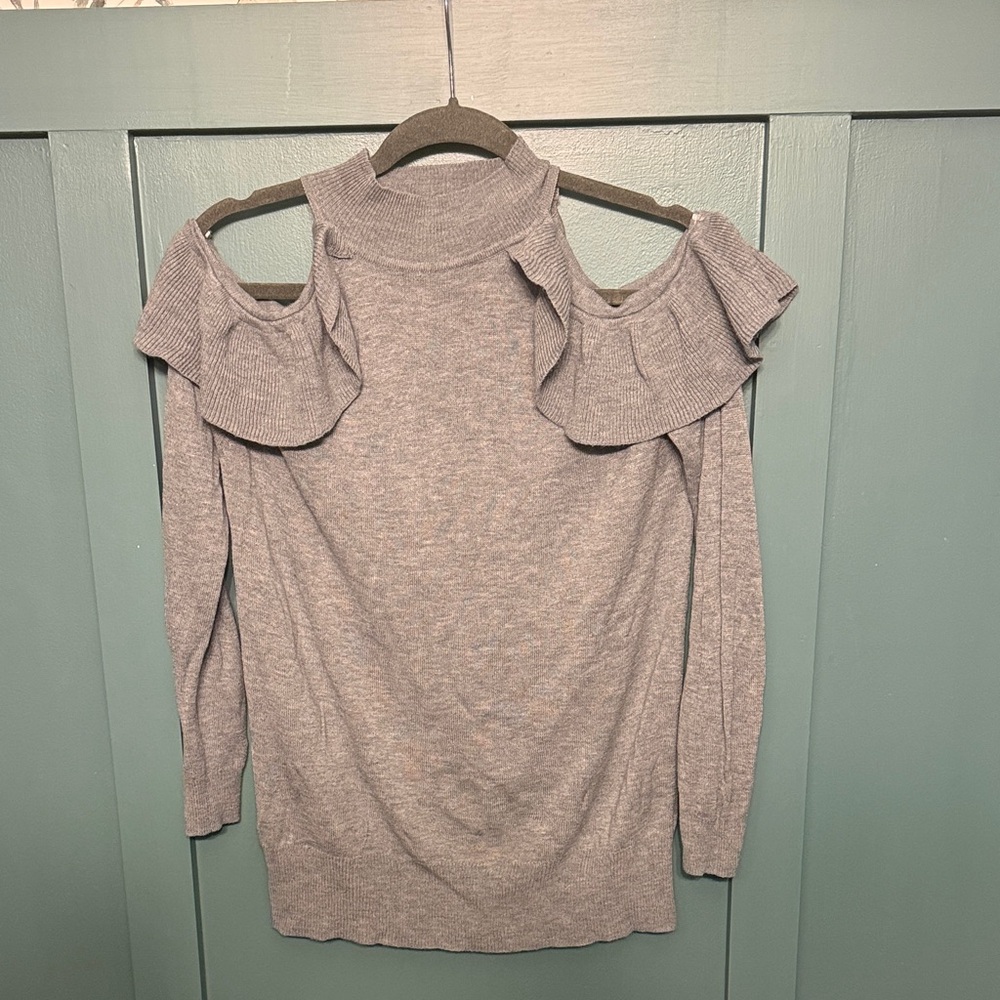 Gray Cold Shoulder Sweater with Ruffles